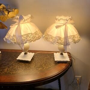 MCM Bedside Boudoir Lamps Ruffled Shade Milk Glass Base Metal Leviton